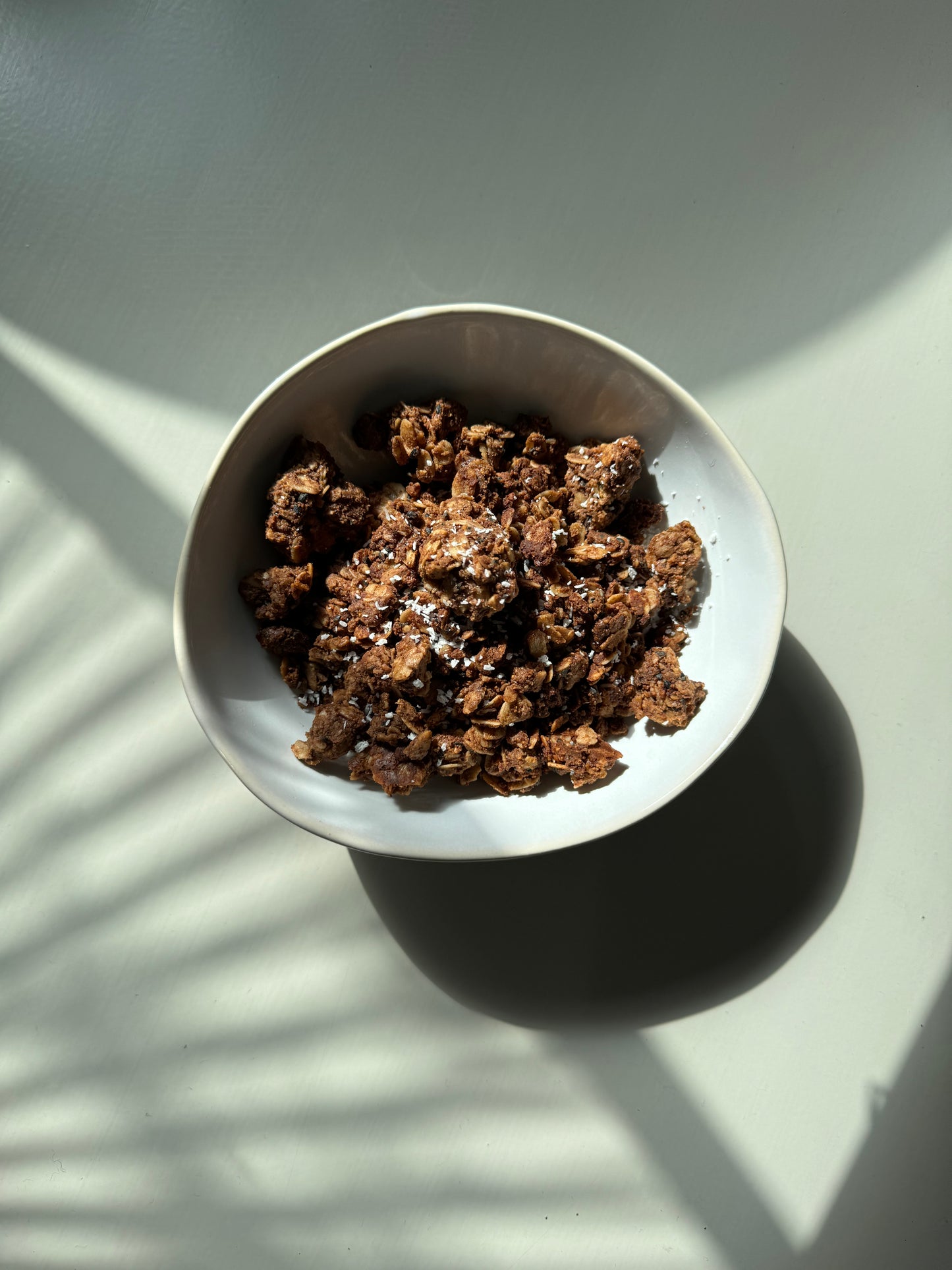 A bowl of Peanut Butter Chocolate Sesame Granola casting a shadow on a surface.