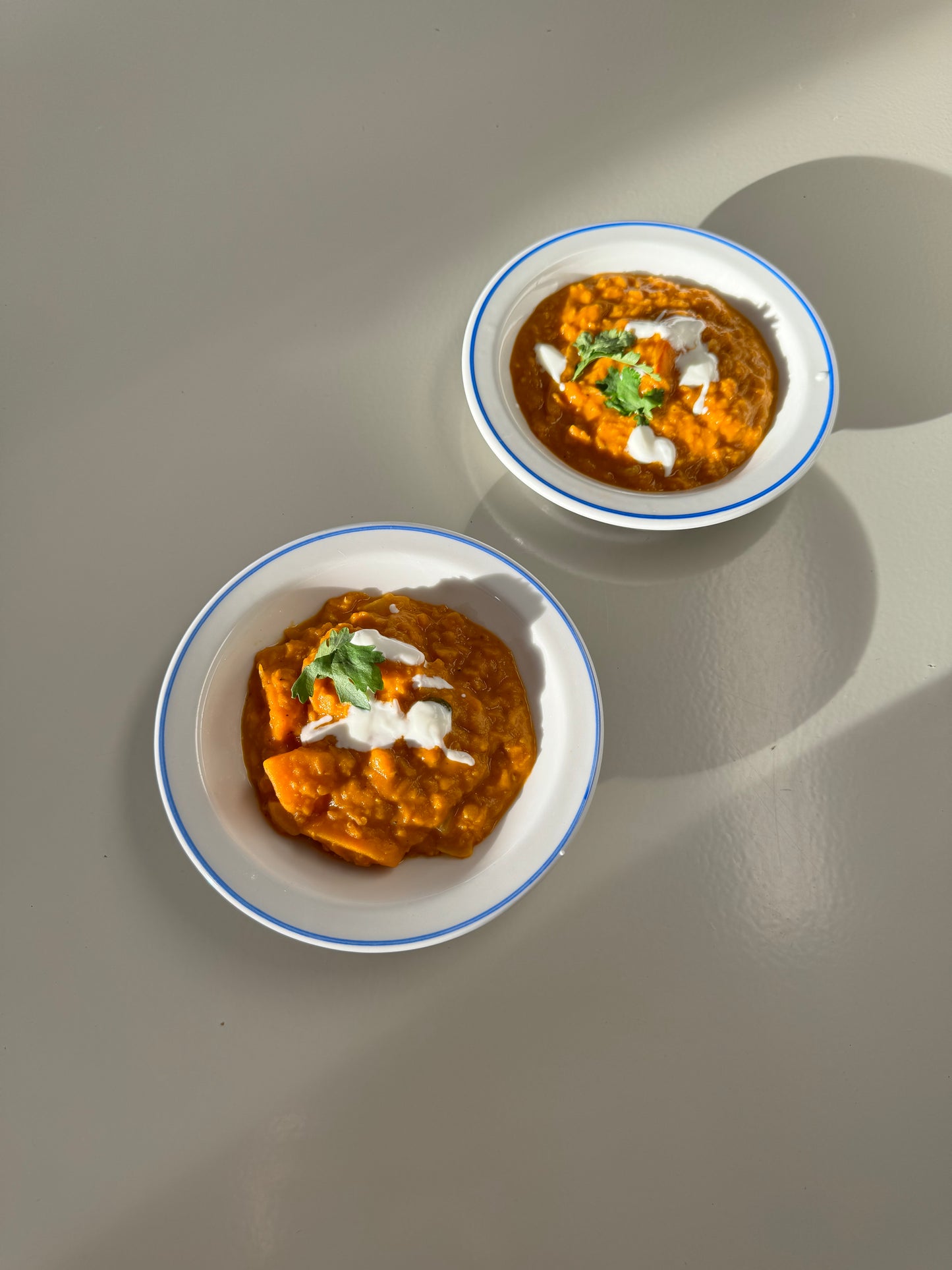 Two small bowls of stew with red lentils and kabocha squash, garnished with white onions and cilantro, on a light background.