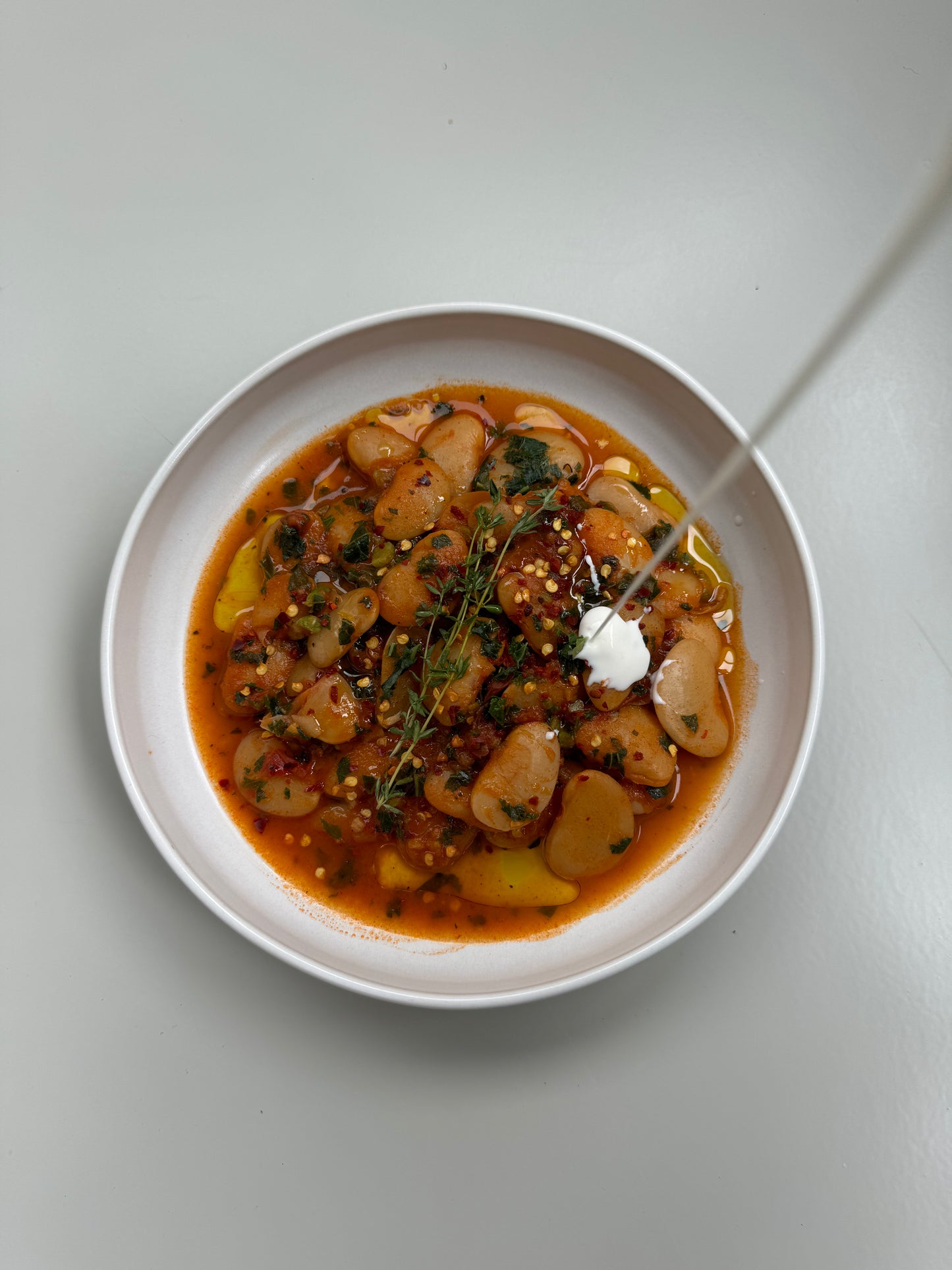 A bowl of creamy tomato butter beans with fresh kale, served on a white plate.