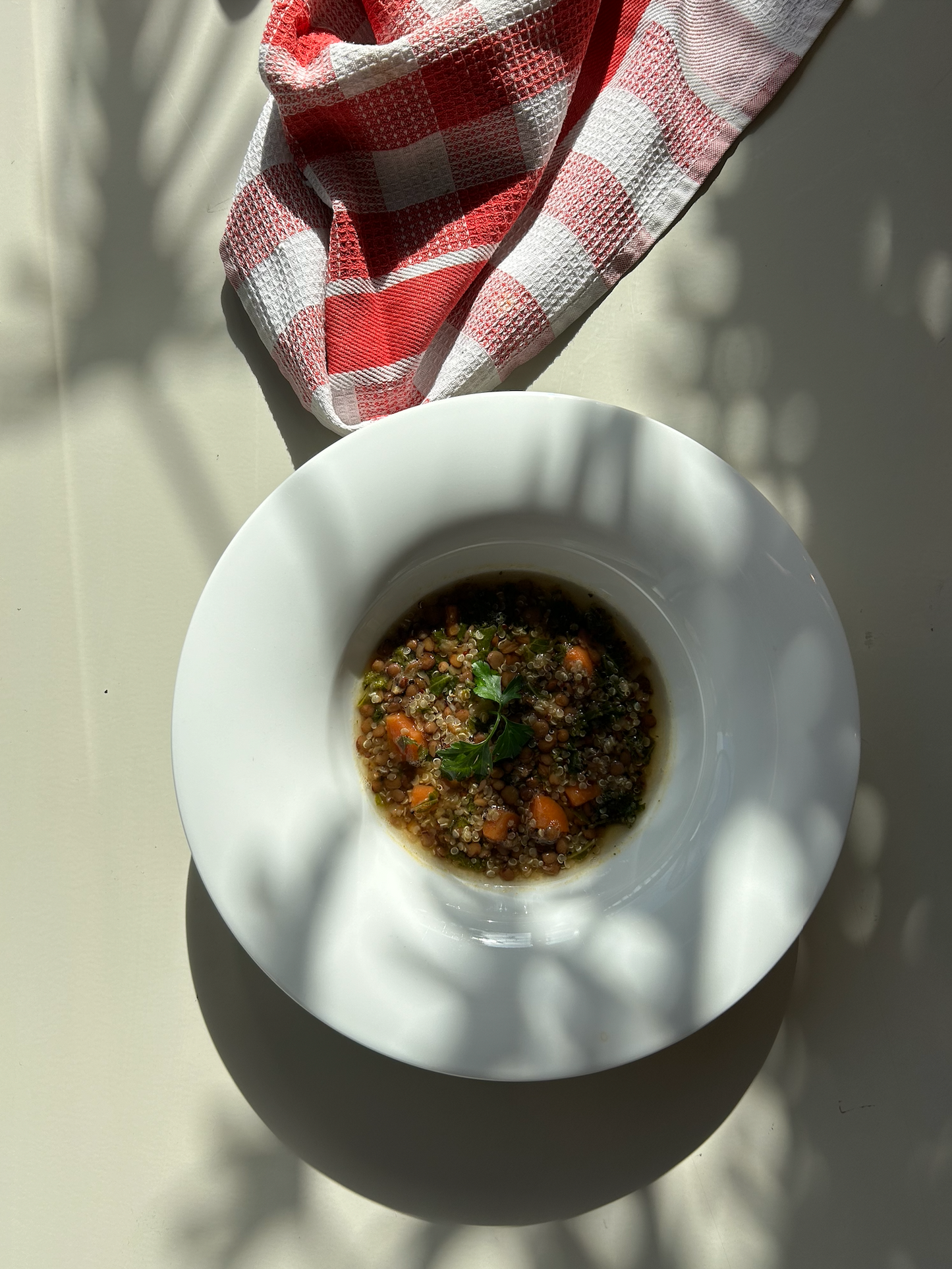 A bowl of quinoa, lentils, and greens soup on a white plate with a red and white checkered napkin on top, placed on a table with lighting overhead.