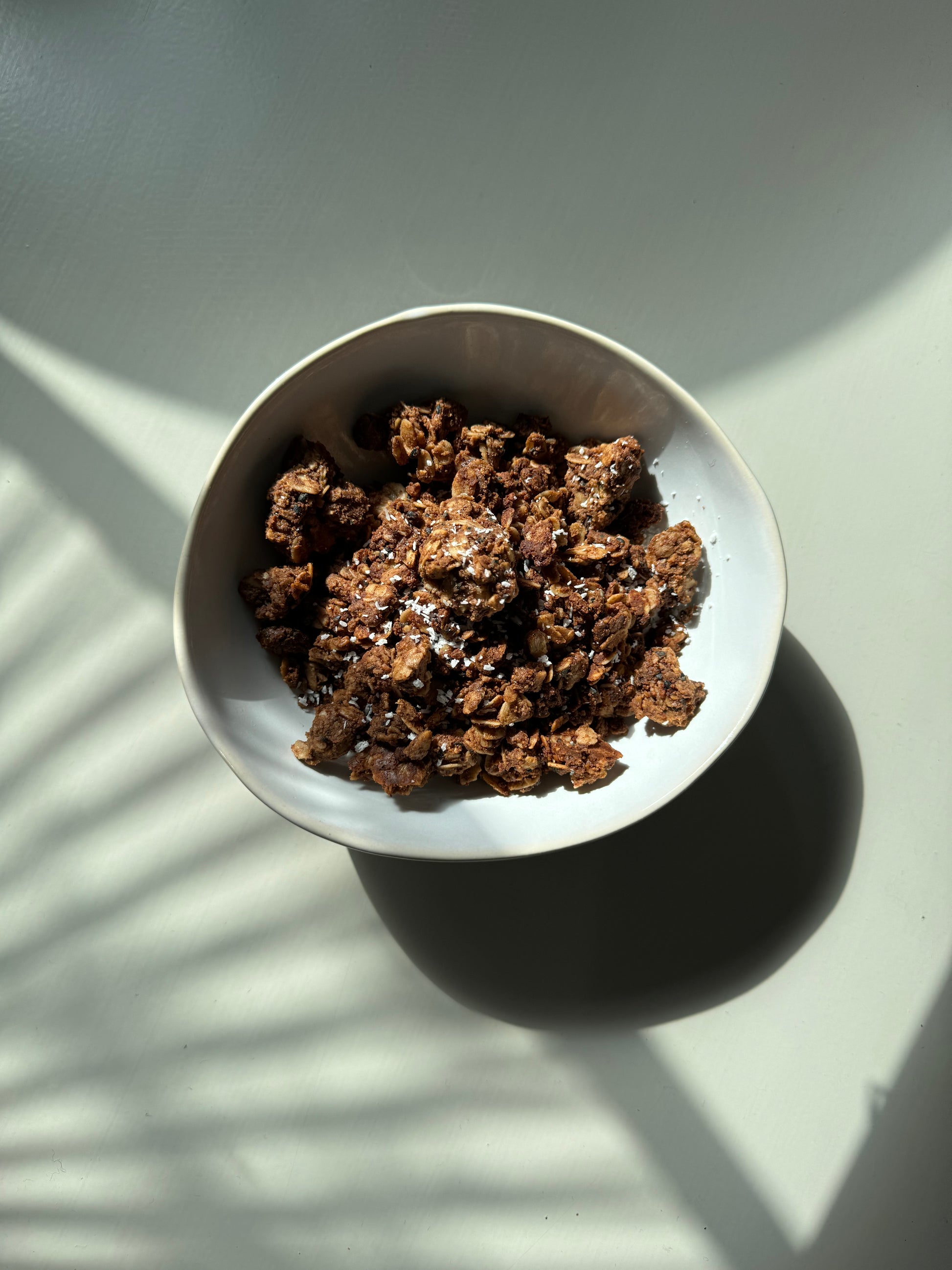 A bowl of Peanut Butter Chocolate Sesame Granola casting a shadow on a surface.