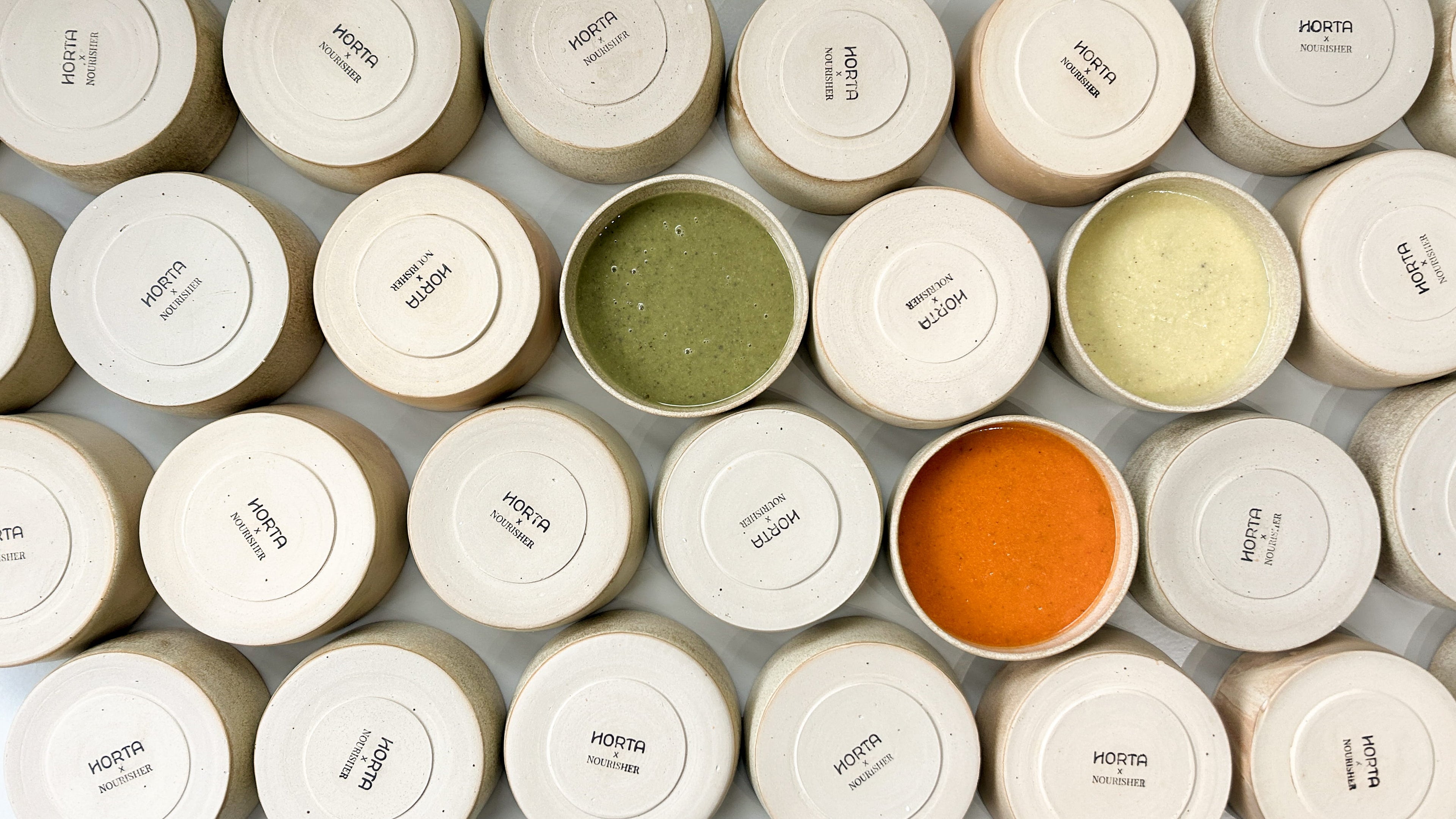 Multiple small containers with visible labels Nourisher Horta on a gray surface