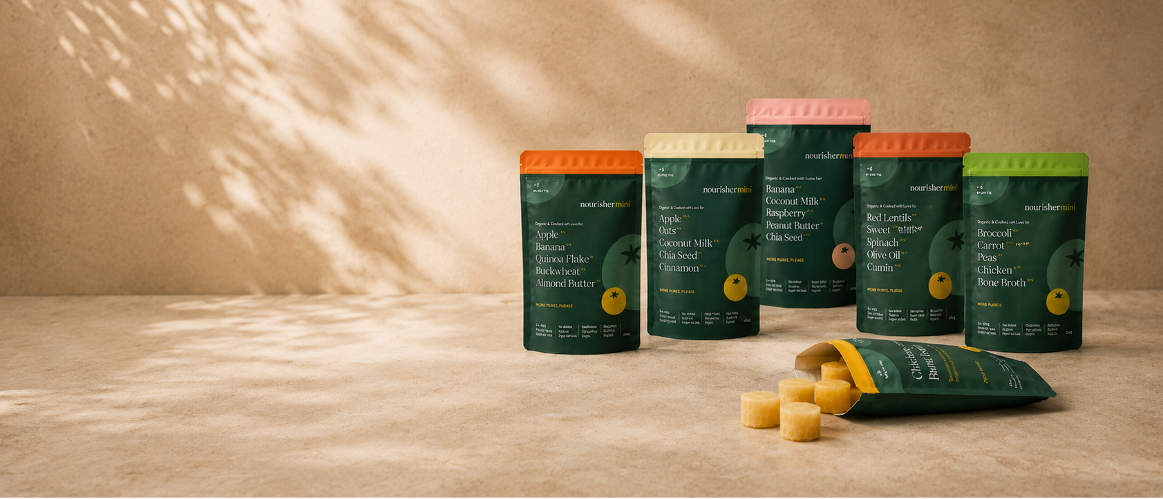 Five dark green supplement tins with colorful lids are arranged on a beige surface against a textured beige wall with leaf shadows. One tin lies open in front, showing small yellow tablets spilling out.