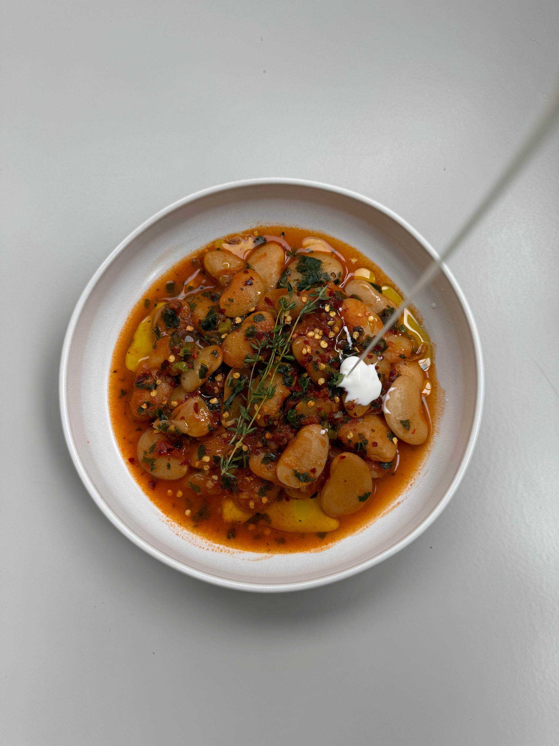 A bowl of creamy tomato butter beans with fresh kale, served on a white plate.